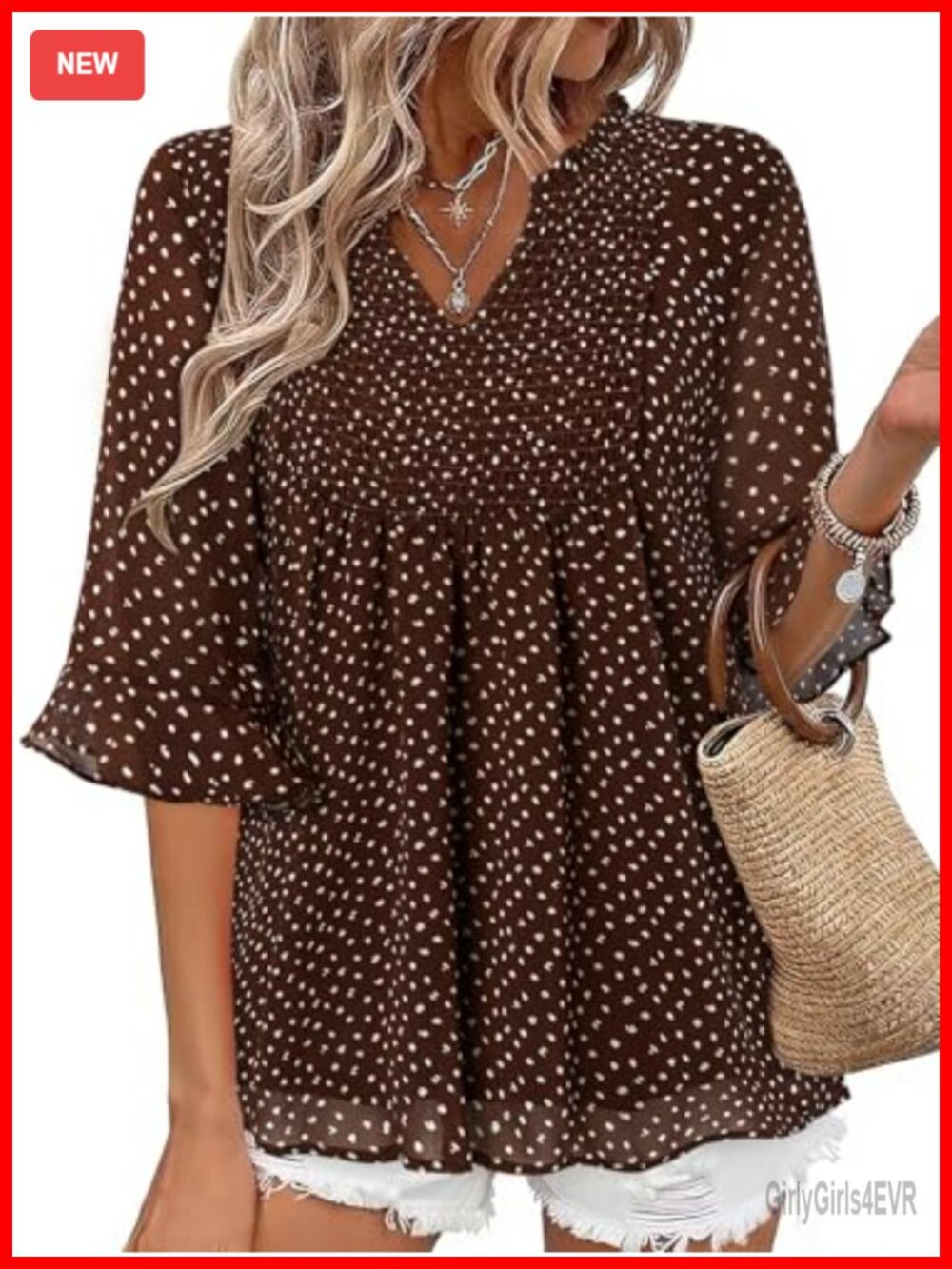 Women 3/4 Sleeve Chiffon Blouse V Neck Ruffle Tunic Top